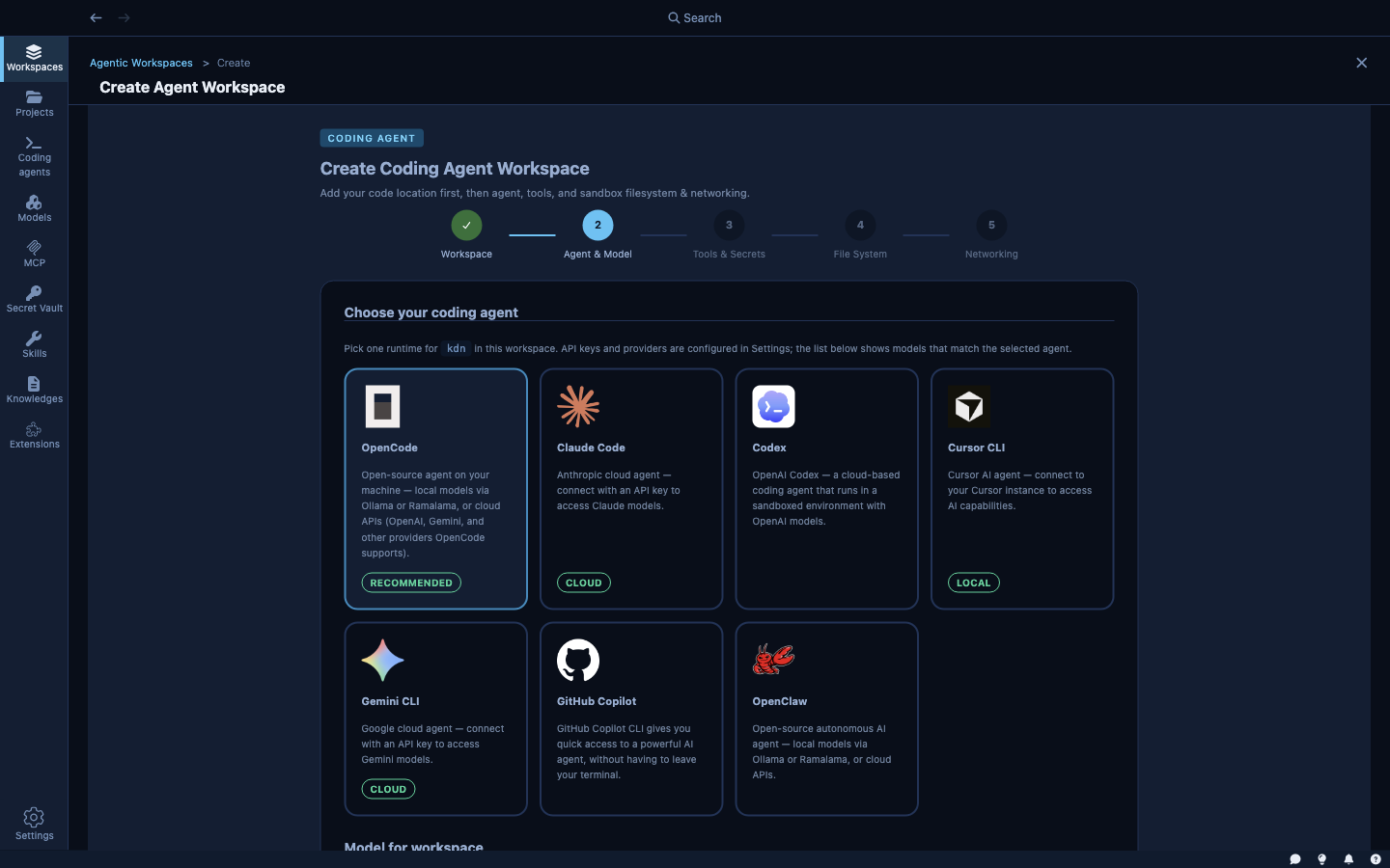 Wizard step 2 — Agent & Model