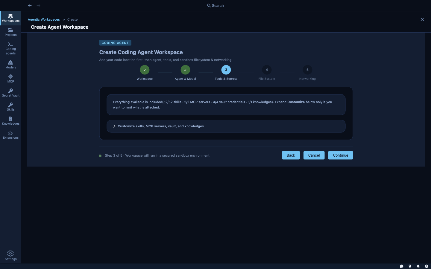 Wizard step 3 — Tools & Secrets